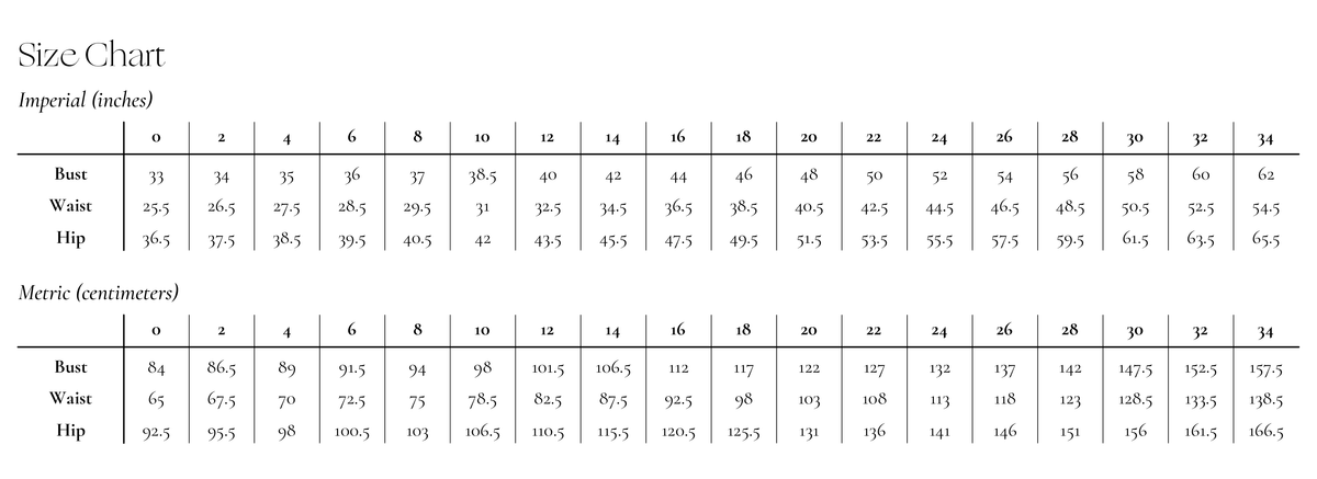 Size Chart Anna Zoe Patterns